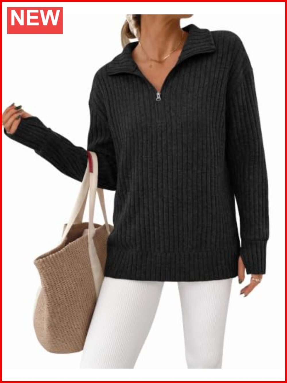 Womens Quarter Zip Pullover Sweater Ribbed Knit Thumb Holes Mock Neck